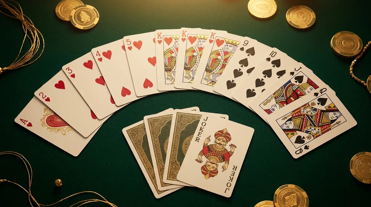 A 13 Patti hand of 13 cards fanned out showing a run of hearts, a set of kings and a joker on a green table.